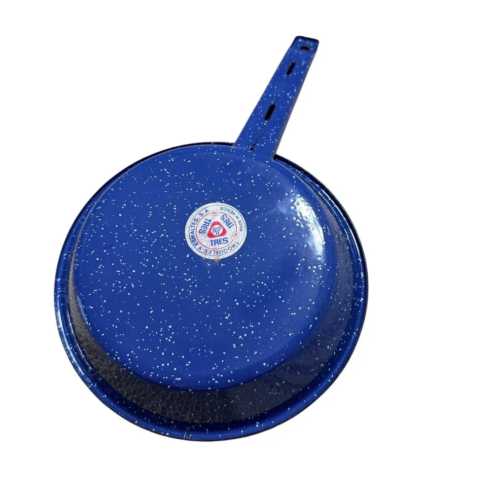 Tres Mexico Blue Speckled Enamelware Frying Pan Skillet Vintage Granite 8 Inch